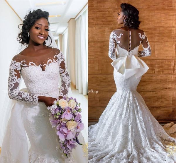 

vintage african long sleeves mermaid wedding dress lace applique plus size bridal gown with bow, White
