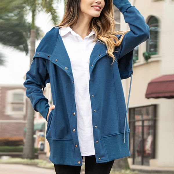

womens fashion solid color long sleeve jackets ladies long hooded sweatshirt casual slim fit button jacket 2019 new, Black;brown