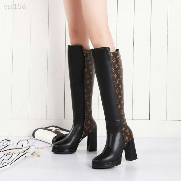 

2019 lacquered calfskin and stretch fabric ladies long black boots slip-on vintage round toe square heel stretch boots for women boot