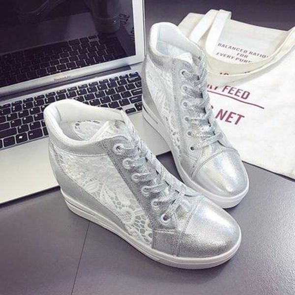 Hot Sale-Mulheres Toe Wedge Aumentar Creepers Branco Prata Sneakers Rubber Brogue de couro ata acima sapatos de salto alto