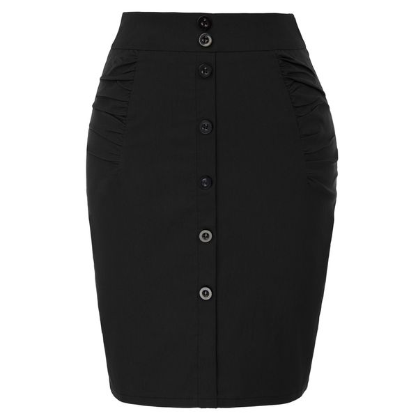 

kk women\\\\'s office lady skirts buttons decorated stretchy high waist sheath female pencil skirt mini skirts short, Black