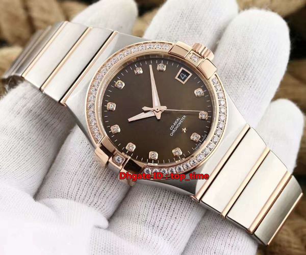 

38mm co-axial chronometer cal.8500 automatic mens watch 123.25.38.21.63.001 diamonds bezel dark brown dial pink gold two-tone steel strap, Slivery;brown