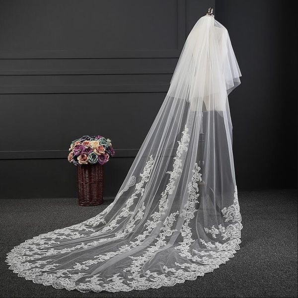 

2019 selling two layers wedding veils long cathedral length bridal veil appliques veu de noiva longo wedding veil lace purfle with comb, Black