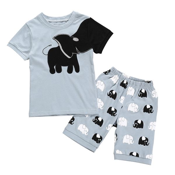 

2pcs/set sale boys two-piece cartoon little elephant embroidery animal print shorts kids short sleeve set, White