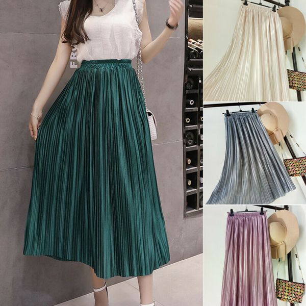 

2019 women`s vintage long metallic silver maxi pleated skirt midi skirt high waist elascity casual party, Black
