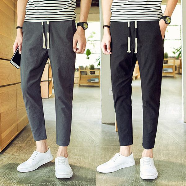 

men's shorts style japanese-style slightly loose cotton linen pants flax casual trousers, White;black