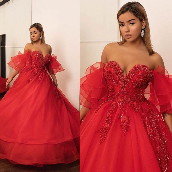 

elegant red ball gown quinceanera dresses sweetheart handmade flowers beads prom gowns sweep train beadings pearls formal dress, Blue;red