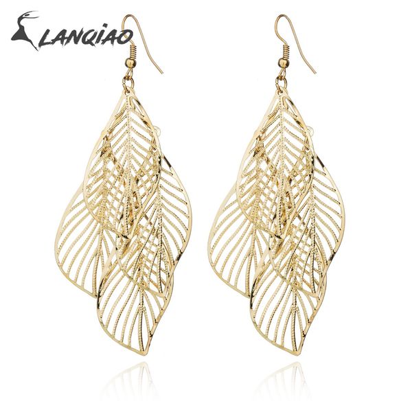 

2019 горячая мода бижутерия многослойная ива матовое полые металлические листья длинные серьги падение для женщин гипербола, Silver