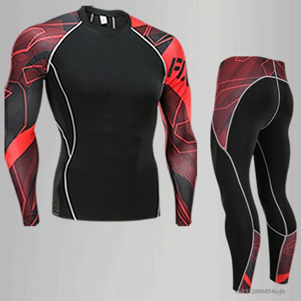 

men's compression run jogging suits clothes sports set long t shirt and pants gym fitness workout tights clothing running set, Black;blue