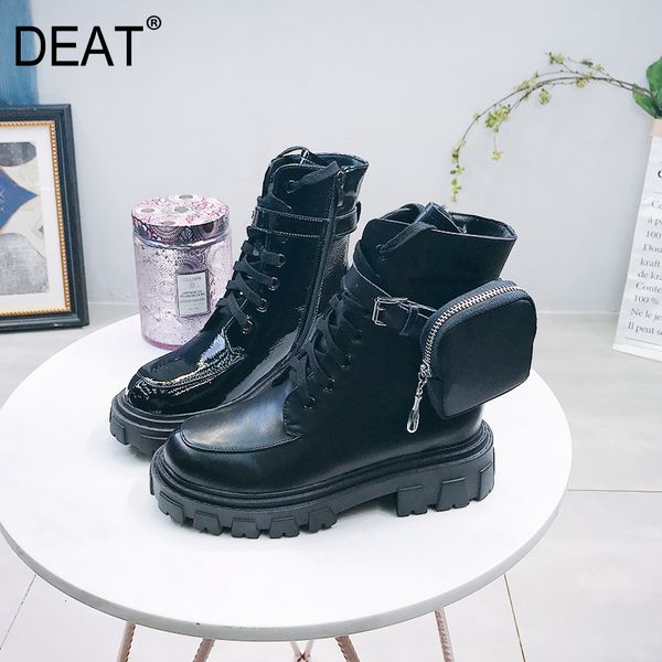 

deat] 2019 round toe bandage patent leather detachable backpack leather velvet women boots new autumn winter fashion 10f072, Black