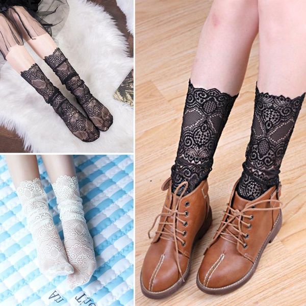 

women socks floral summer mesh retro lace fashion middle tube soft elastic, Black;white