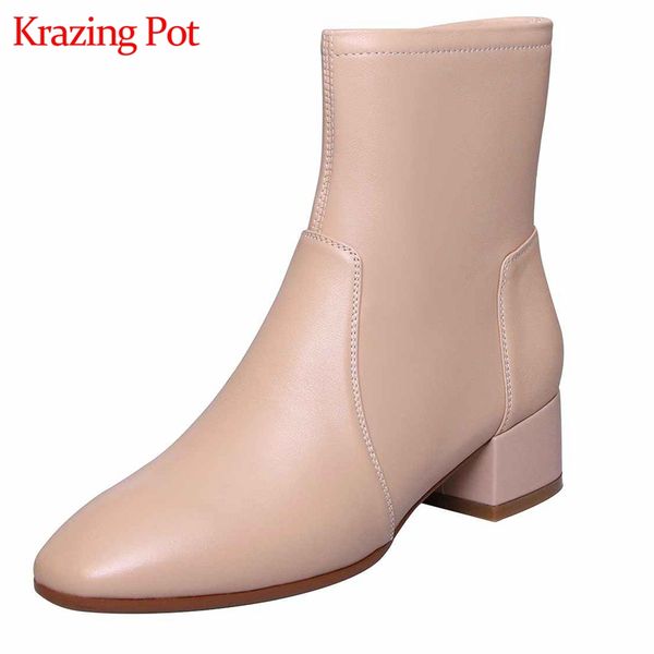 

krazing pot soft sheep leather round toe solid med heel hollywood movie star leisure concise simple style beauty ankle boots l19, Black