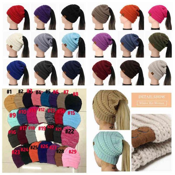 

29 colors women cc ponytail caps cc knitted beanie fashion girls winter warm hat back hole pony tail autumn casual beanies 50pcs, Blue;gray
