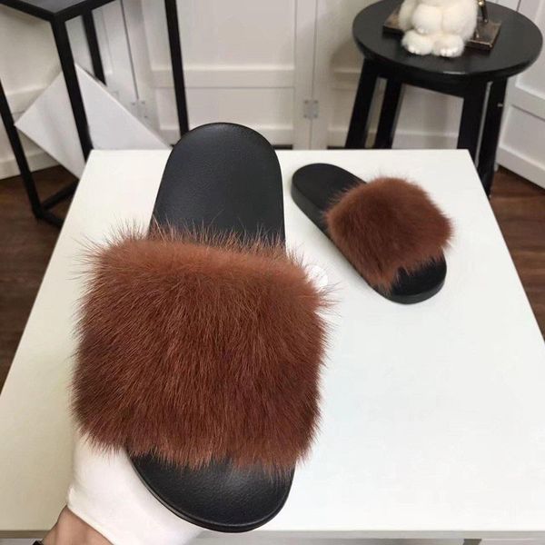 

2019ss девушки мода сандалии из меха норки скольжения женские черные кожаные причин