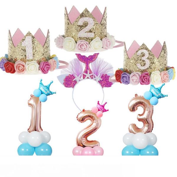 

1шт 1 2 3 день рождения шапки цветок корона 1 день рождения шляпа новорожденный ребенок русалка оголовье 1 год украшения партии