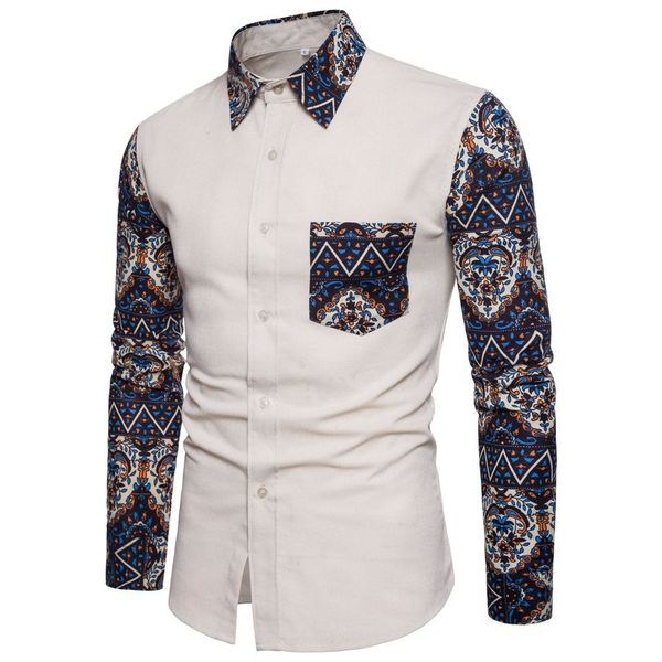 

kezrea men's large size stitching lapel long-sleeved shirt 2019 men's fashion new linen casual shirt, White;black