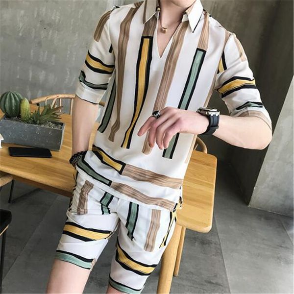 

2018 Mens Stripe Shirts And Pants Korea Style Two piece Set Loose Casual Giyim Slim Fit Social