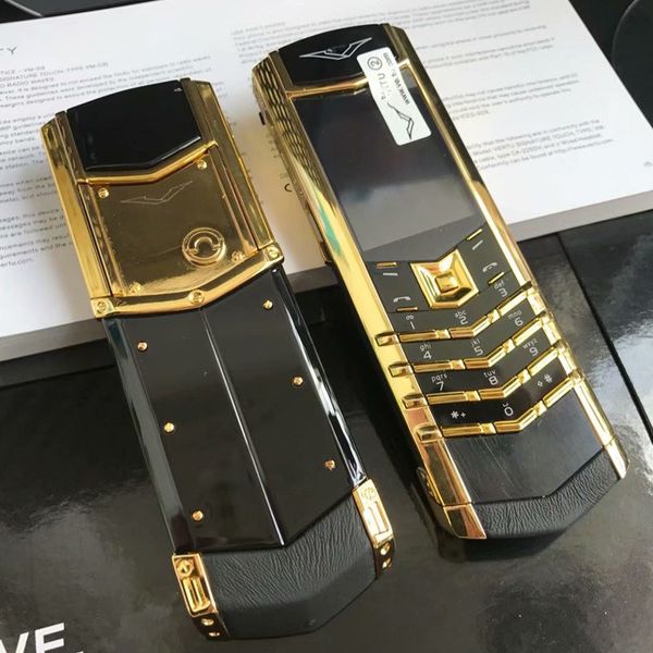 

New Arrive Luxury Gold Signature Cell phones dual sim card Mobile Phone stainless steel leather body MP3 bluetooth 8800 metal Ceramics back Cellphone, Blue