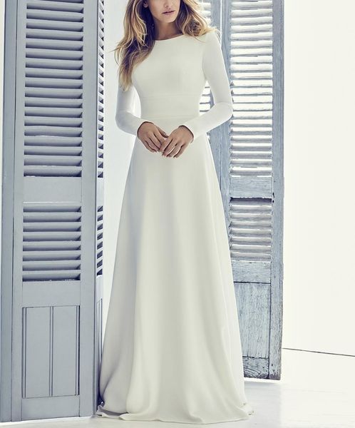 

crepe a-line modest wedding dress with long sleeves jewel neck coverd back short train women informal bridal gown, White