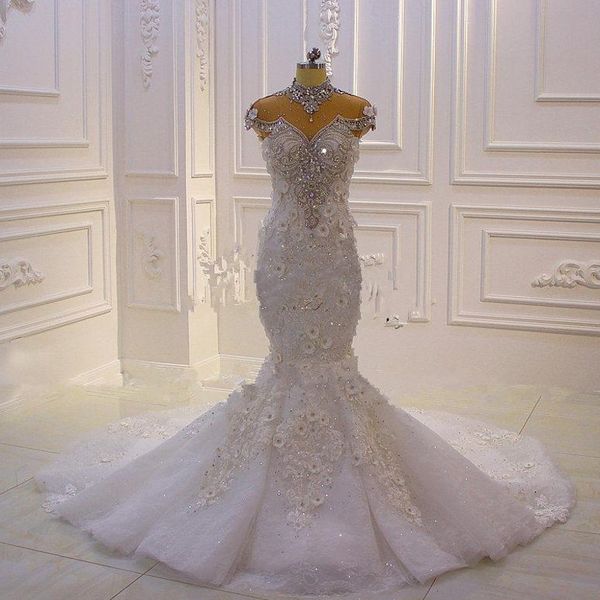 

high neck mermaid wedding dresses crystal beaded vestido de noiva arabic dubai 3d flowers plus size bridal gowns caped lace up wedding gowns, White