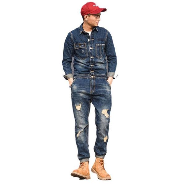 

mcikkny fashion men's ripped denim bib overalls multi-pockets blue color slim fit jeans jumpsuits for male suspender pants