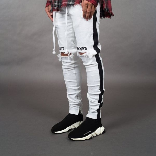 

ripped jeans men's streetwear denim cotton straight hole pocket trouser distressed jeans white pencil pant trousers, Blue