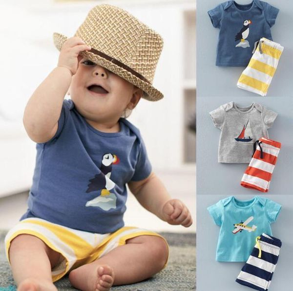 

2019 summer new baby boy clothes cartoon aircraft sailboat t-shirt+striped pants casual suits 2pcs sets kids clothing 3 colors, White