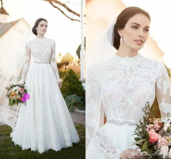

2019 elegant illusion long sleeves lace wedding dresses jewel neck beaded crystals a line bridal gowns plus size, White