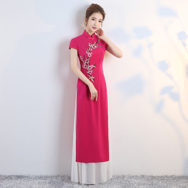 

pink embroidery oriental style banquet dresses chinese vintage qipao cheongsam elegant long evening gowns plus size s - 3xl, Red