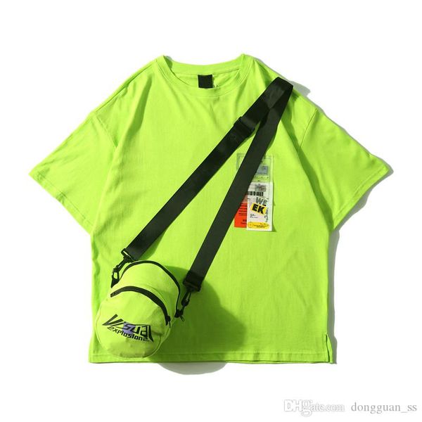 

side split fluorescent green t-shirt with messenger bag hiphop tshirt men cotton tee shirts streetwear clothing, White;black