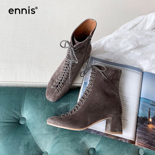 

ennis 2019 women lace up boots round toe leather suede ankle boots chunky heel zipper shoes ladies fashion black brown new a941 t200111