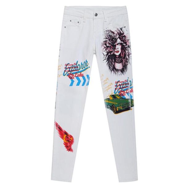 

белые джинсы женские узкая талия эластичный принт карандаш брюки женщины, Blue