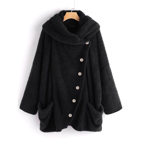 

women casual cowl collar long sleeve pocket split coat outwear, Black