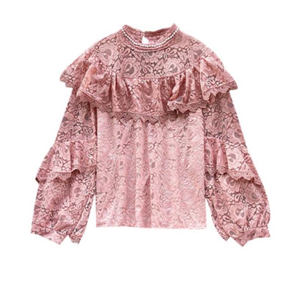 

2020 lace silk shirt women stand neck beads long sleeve clothes lady solid color elegant lace blouse pz2836, White