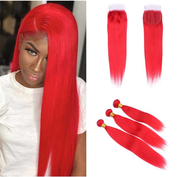 Bright Color Red Human Hair Weaves With Lace Closure Brazilian
