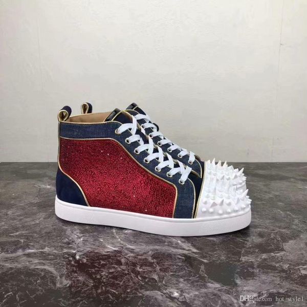 

popular brand woman round toe red rhinestone casual shoes femal white rivet lace up sneakers woman mixed color spikes luxury flat shoes, Black