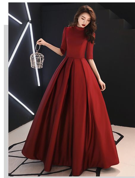 

burgundy satin high neck evening dresses 2020 half sleeves prom gowns simple long evening gown formal, Black;red
