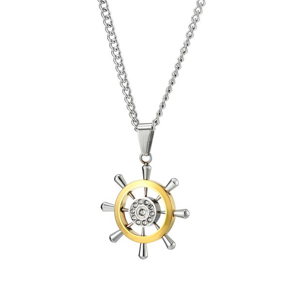 

fashion mens silver color designer rudder pendant necklace hip hop jewelry stainless steel chain rhinestone design punk necklaces for men