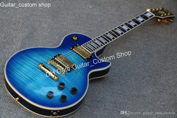 

New arrival ea blue tiger flame cu tom electric guitar olid mahogany guitar with golden hardware hipping