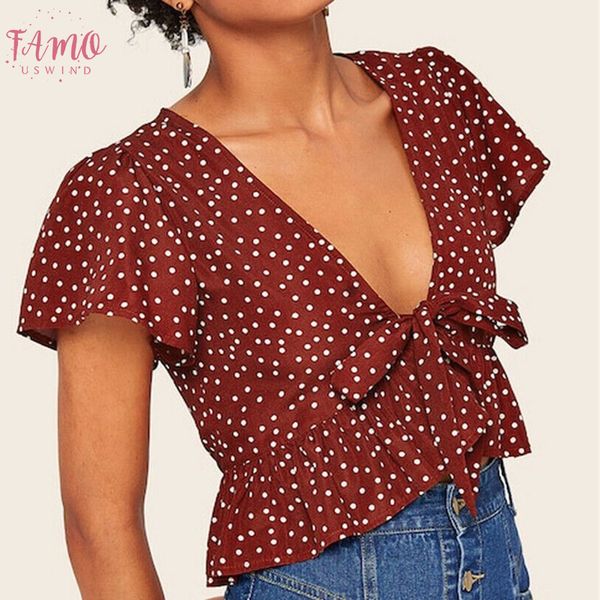 

2019 style womens spring summer short sleeve deep v neck dot crop loose t shirt casual tee, White
