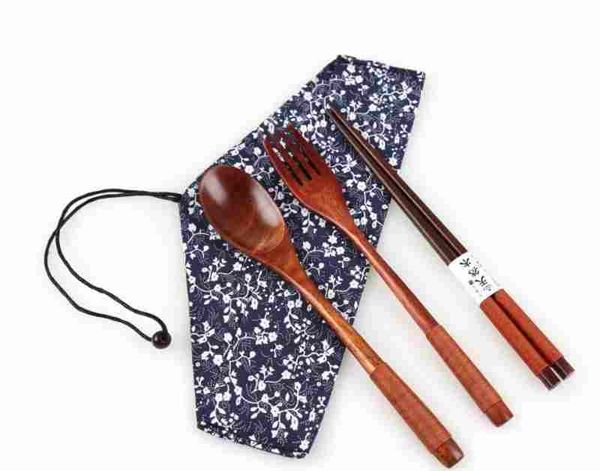 

wood flatware suit environmental portable cutlery japanese style fork spoon chopstick tableware dinnerware set for student gifts
