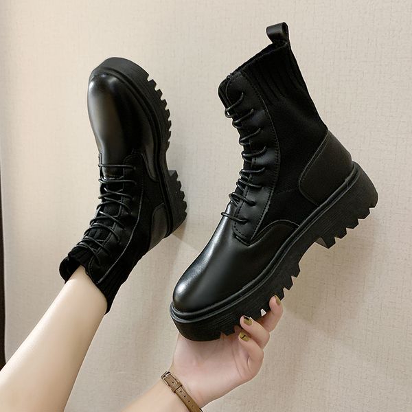 

round toe rock shoes woman boots women new 2019 booties ladies winter footwear low heels booties lace up luxury designer 2020, Black