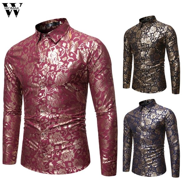 

womail shirt men business shirt fashion2019 autumn print button long sleeve classic slim fit male social casual shirts blouse 89, White;black
