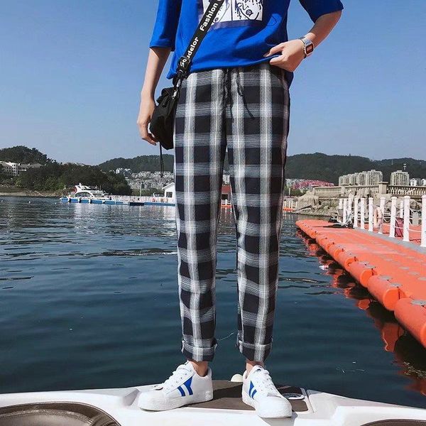 

гонконг стиль весна новый стиль литература и искусство плед шаровары суб-корейский стиль мужчины slim fit брюки повседневный красивый, White;black