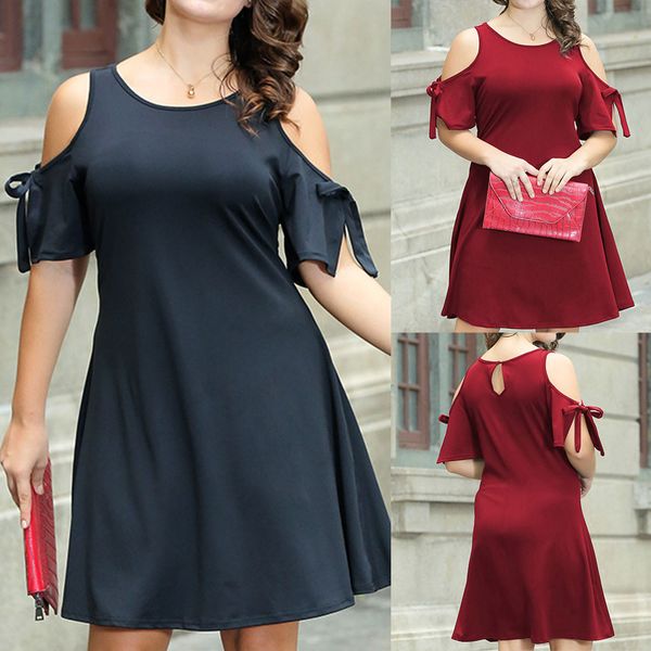 

summer dress fashion womens plus size short sleeve bandage solid o-neck lace up loose dresses woman party night vestidos, Black;gray