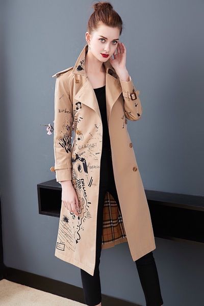 

women's trench coats long classic windbreaker waterproof british new high-end english style autumn winter gabadian graffiti print c124, Tan;black