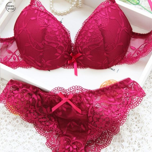 

woman lace bra floral push up panties hollow sweet transparent comfy fit bowtie underwear sleepwear sets, Red;black