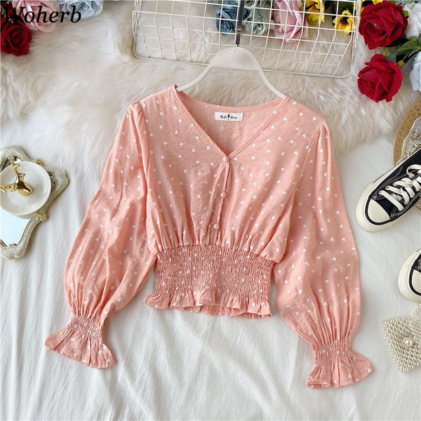 

woherb v-neck crop women blouse single-breasted elegant boho chic style long sleeve shirt fashion polka dot blusas mujer, White