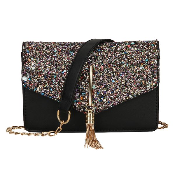 

sequins lady fashion chain handbag new women's luxury leather shoulder messenger bags metal tassel small square bag