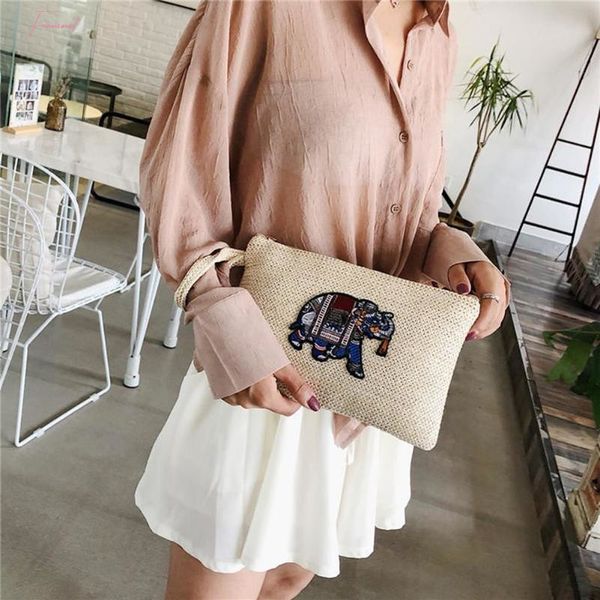 

portable straw wristlet clutch women knitting zipper large capacity makeup bags splicing woven phone money handbags